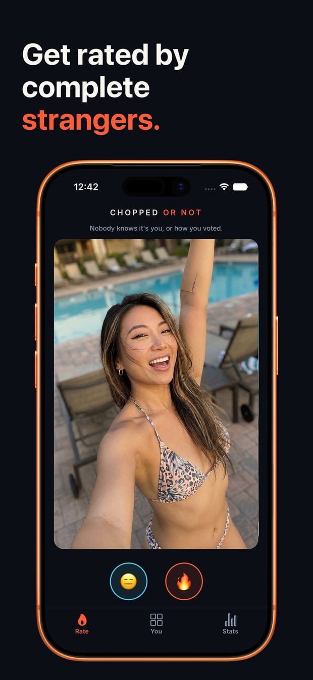The Rate tab: one stranger's photo with a fire button and a meh button.