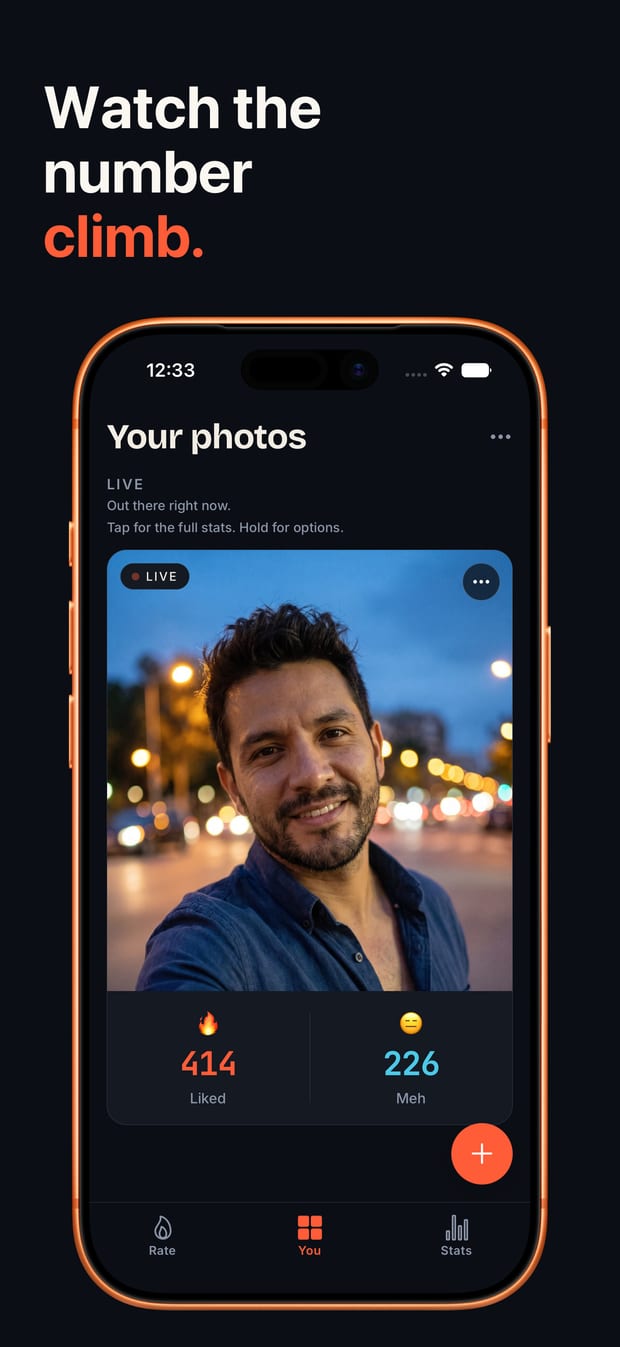 The You tab: your live photo with 414 liked and 226 meh.